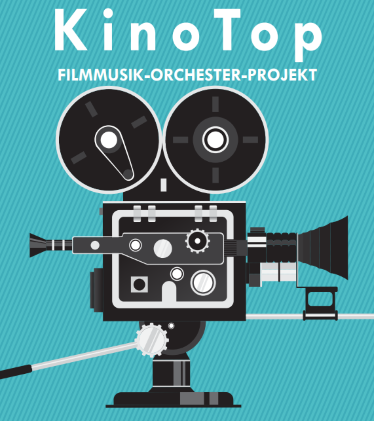 Eine Kamera vor blauem Hintergrund. Oberhalb der Kamera steht der Text "KinoTop. Filmmusik-Orchester-Projekt". 