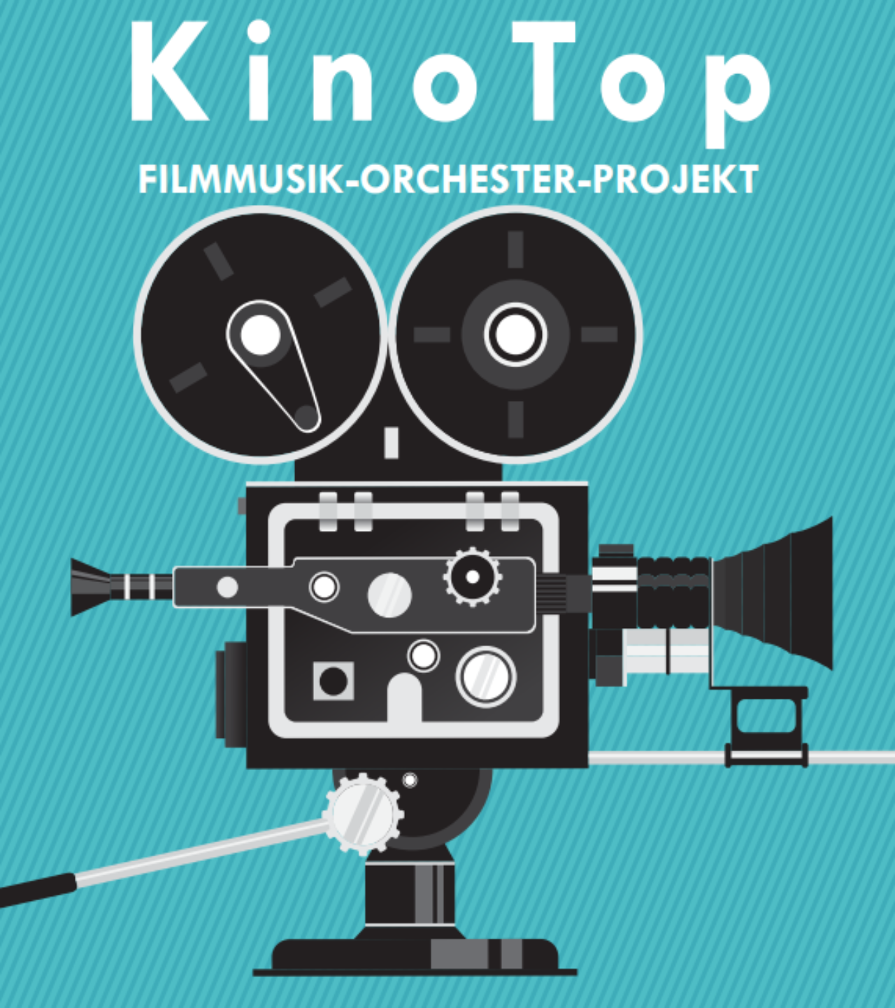 Eine Kamera vor blauem Hintergrund. Oberhalb der Kamera steht der Text "KinoTop. Filmmusik-Orchester-Projekt".